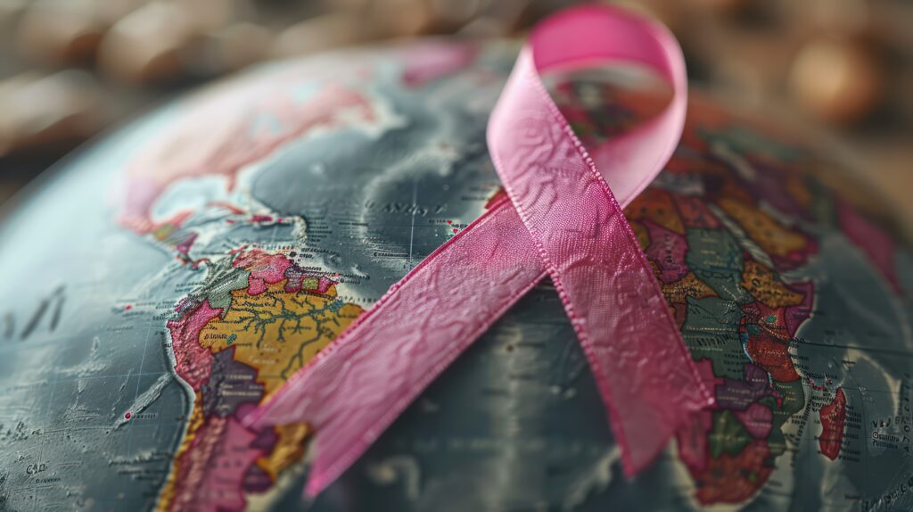 a close up of a pink ribbon on a globe, symbolizing global unity in the fight against breast cancer.